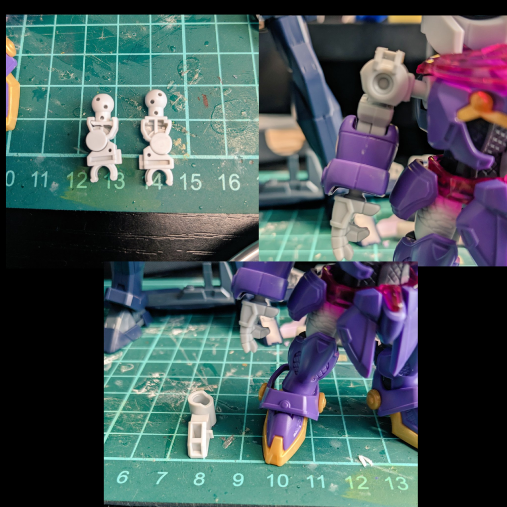 製作工程です。・腕の短縮・腕と肩の干渉部の除去・ＳＤフレームの足を使用関節の可動を残したままSDガンダムらしいシルエットに近づけようとしましたが、 後述の通り若干胴長にしているのでプラマイゼロという印象です。胴体の加工は４段階です。