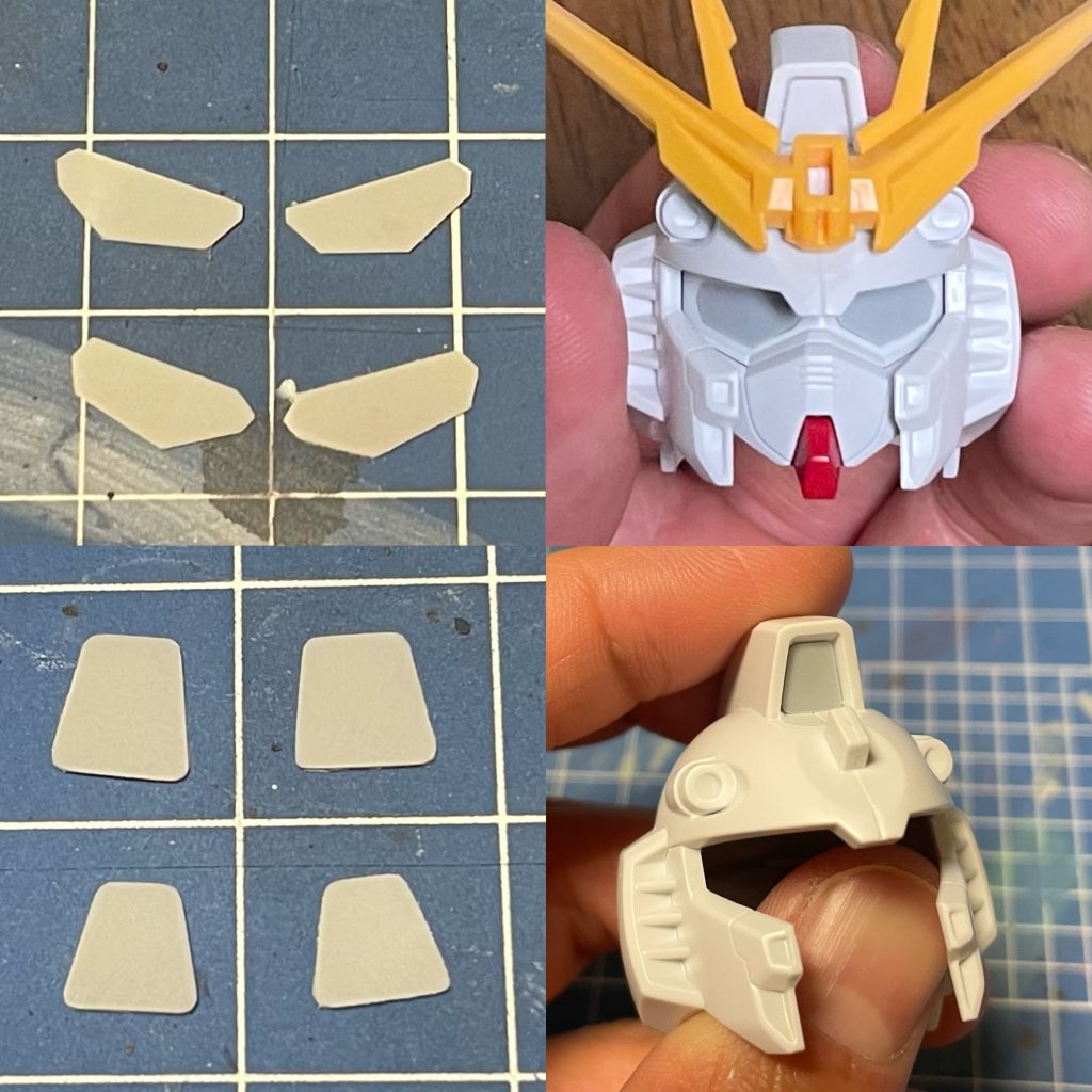 ツインアイ とセンサー部分は、0.3ミリプラ板を切り出して作りました。ツインアイは元々凹凸がないので、これをしないと塗装困難です。