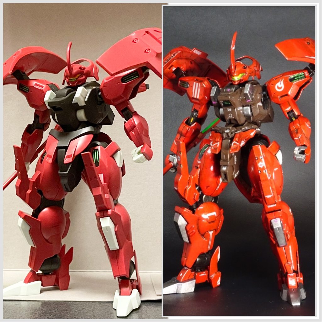 キットままとの比較。頭部と腰前掛けを加工して、エッジも出したので、スッキリした印象に。覚えている限りの塗装手順。黒サフ→光沢トップコート→水研ぎ→ゴールド→トップコート→水研ぎ→クリアーレッド→トップコート→スミイレ、デカール→トップコート→コンパウンド荒目細目極細仕上げ剤ですかね。完成までにトップコート5本使用。デカールのトップコート後に水研ぎしなかったのが悔やまれる。最後までご覧いただきありがとうございました。