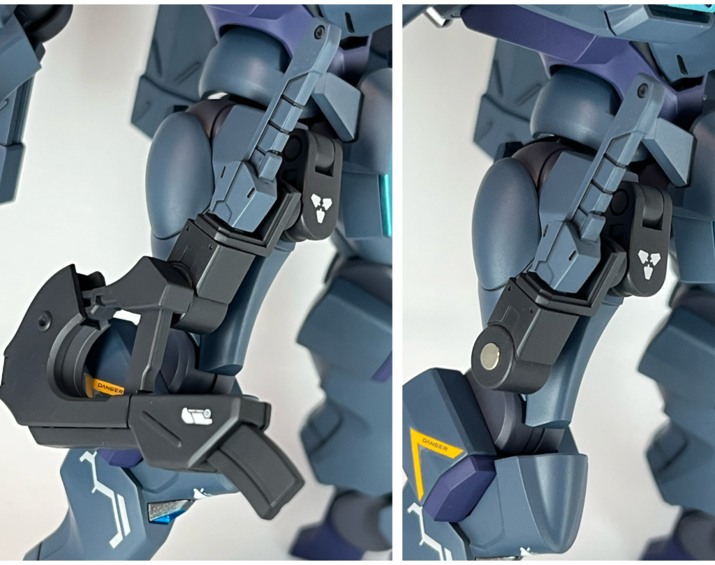 武装類は全部マウントできるようにしたい派なので、右大腿部にマウント用パーツを装着。コトブキヤのジョイントセットを組み合わせ、一部加工して作りました。ビームガンは肉抜き部にネオジム磁石を仕込んで塞いであります。