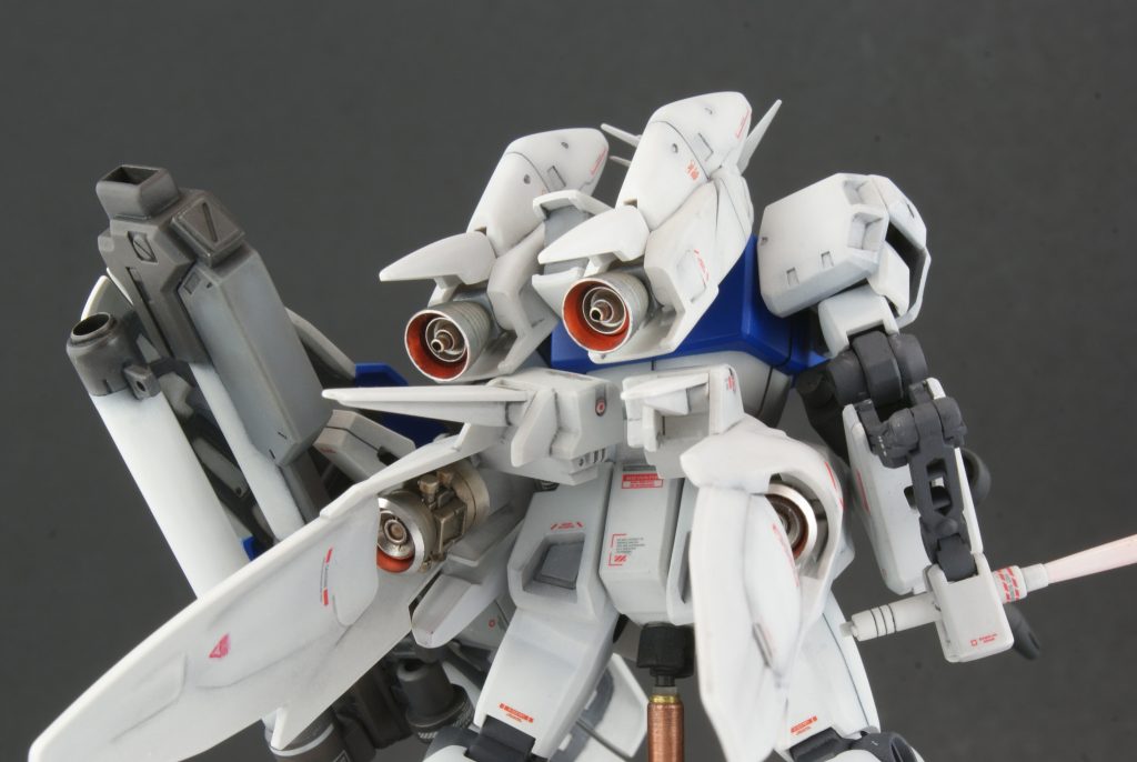 The thrusters on top are aluminum and I added rod and inner detail to them. The binder thrusters are from the kit with extra detail parts painted with Alclad. I added brass rod to the folding bazooka.