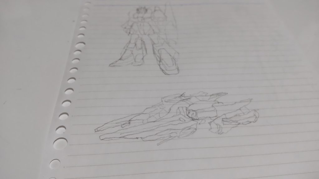 いやナニを言ってるのかこいつは。ただの素組みおじさんがまた暴走を開始したようです。自分でもよく分からない衝動に駆られながらまずは資料を見つつイメージ図を書いてみることに。なんとまぁ芸術的なシルエット。こんなの一般人の俺に作れる訳がないじゃん。