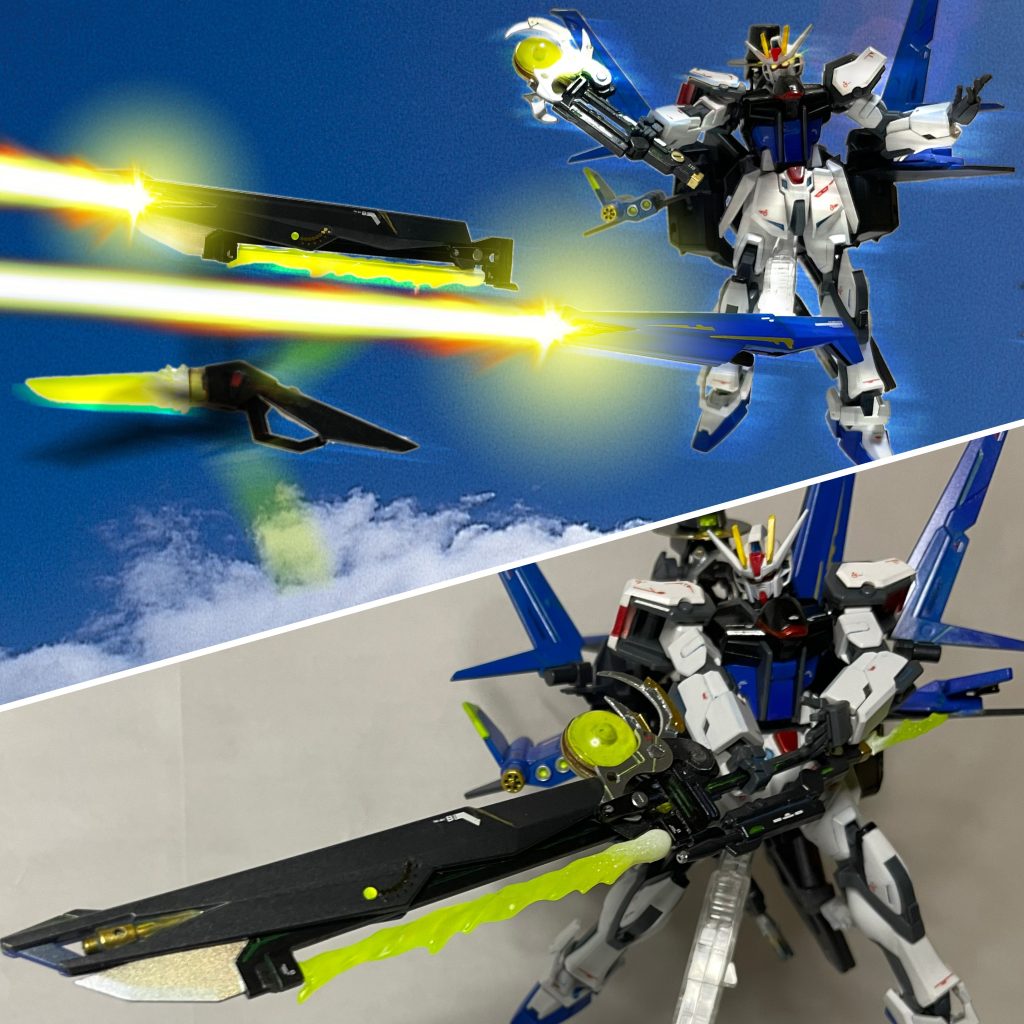 定番の【フルバースト】マント部やマイダスメッサーなどがドラグーン化する破壊力絶大の【バスターソードモード】シュベルトゲベールに鞘である右マント部が加わって破壊力アップ