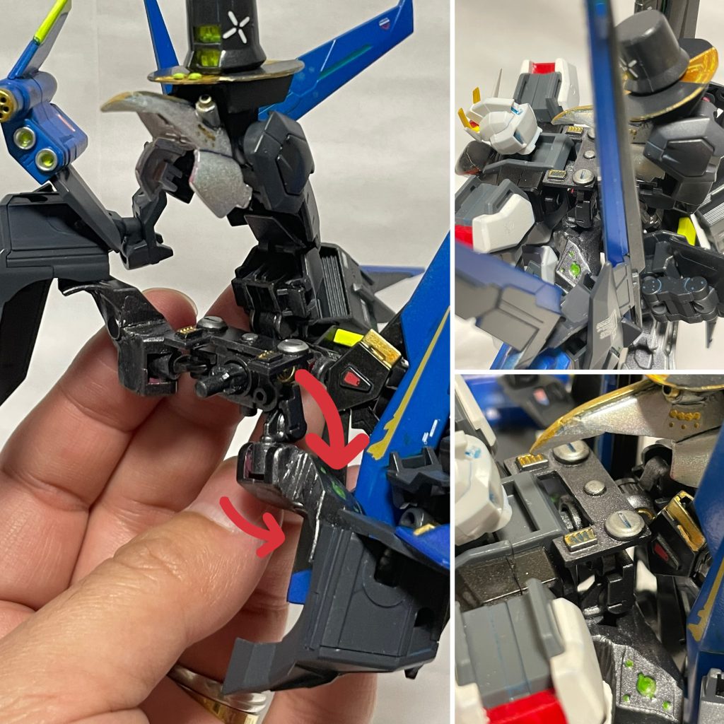 アルケミーストライカーは赤矢印の様に可動するので(このパーツはイージスナイトの腰パーツを使ってます)マント形態からペルフェクトのバックパック形態へ差し替え無しで変形できる様になっています