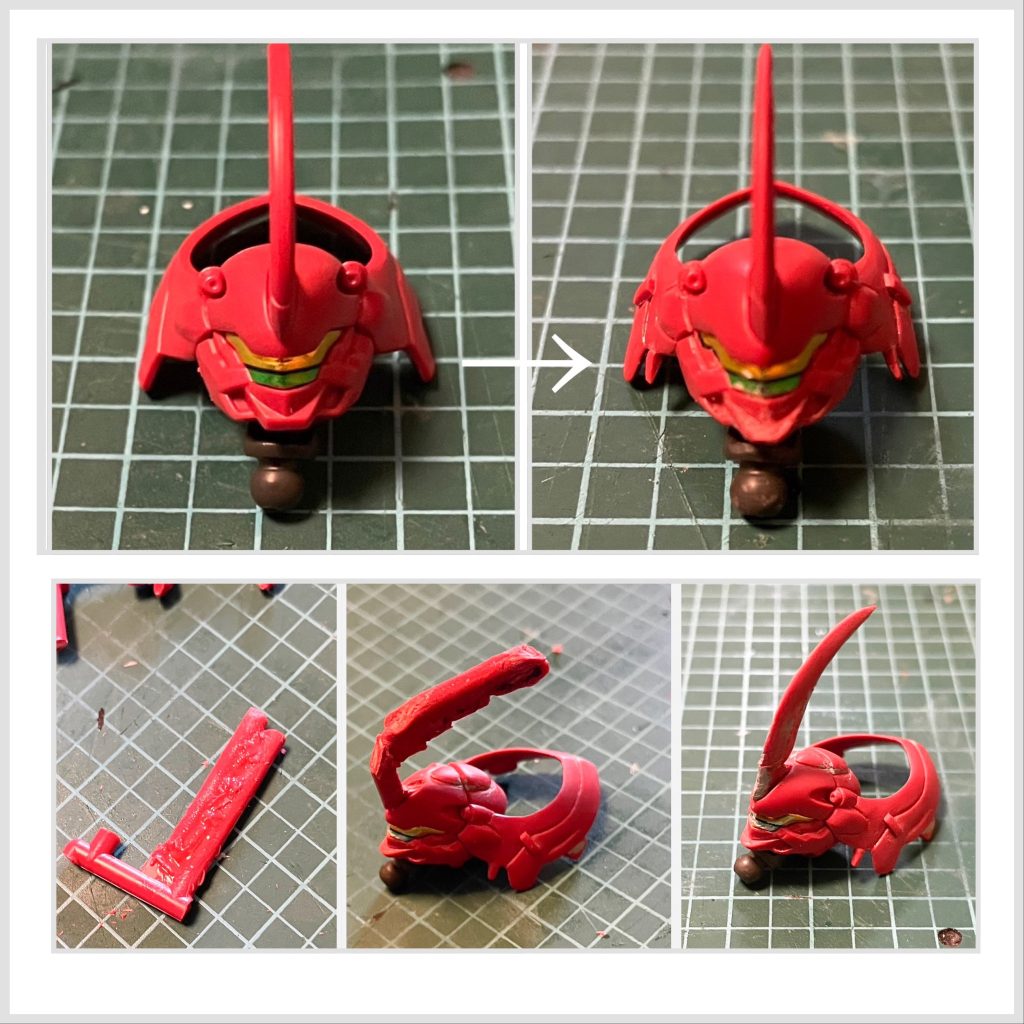 頬と顎を削ったり伸ばしたり。アンテナを紛失したので、ランナーから作りました。全身ちょこちょこディテール足しています。