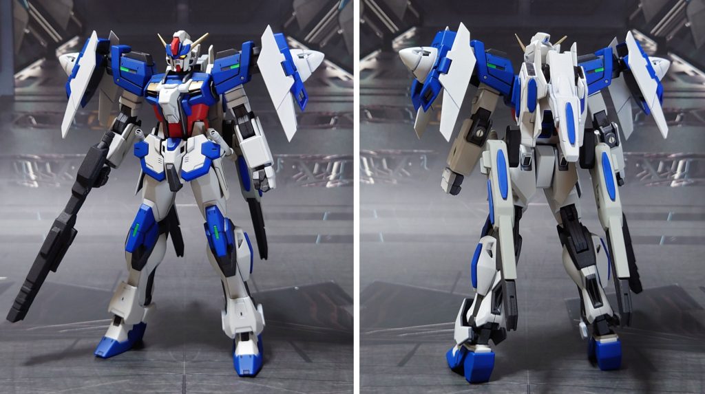 GNドライヴ、ユニバースブースター装備で前後ろ。武器類はビームピストルを他の機体にコンバートしたので、代わりにHGエールストライクのビームライフル、HGビルドストライクの腰サイドアーマー、ビームサーベル、強化型ビームライフルを追加。グリッターレヴとの選択式で、HGダブルオーダイバーのバインダー(GNドライヴ+コーンスラスター)も用意しました。