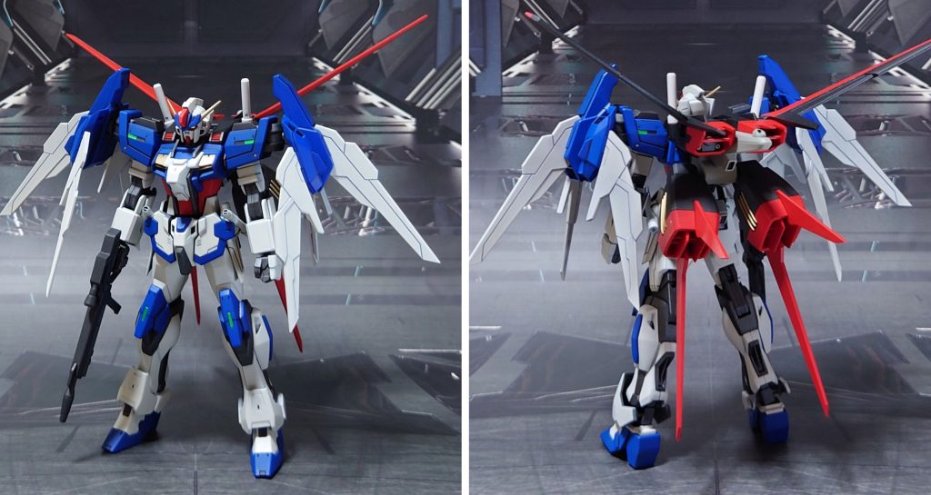 トールストライクユニバースター(トールストライカー、グリッターレヴ装備)の前後ろ。ゲート痕処理、肉抜き穴埋め、パーティングライン・段ズレ・ヒケ対処、一部パーツの合わせ目消し、市販パーツの埋め込み・貼り付けによるディティールアップ。手首は30MMのオプションセットに丸ごと入れ替え。更に、上腕〜前腕はEGストライクガンダムのものに交換。もし肘関節が弛くなってしまったら、トールストライク本来のものをアクション用、EGストライクのものをディスプレイ用として、随時差し替える形にしようと思います。