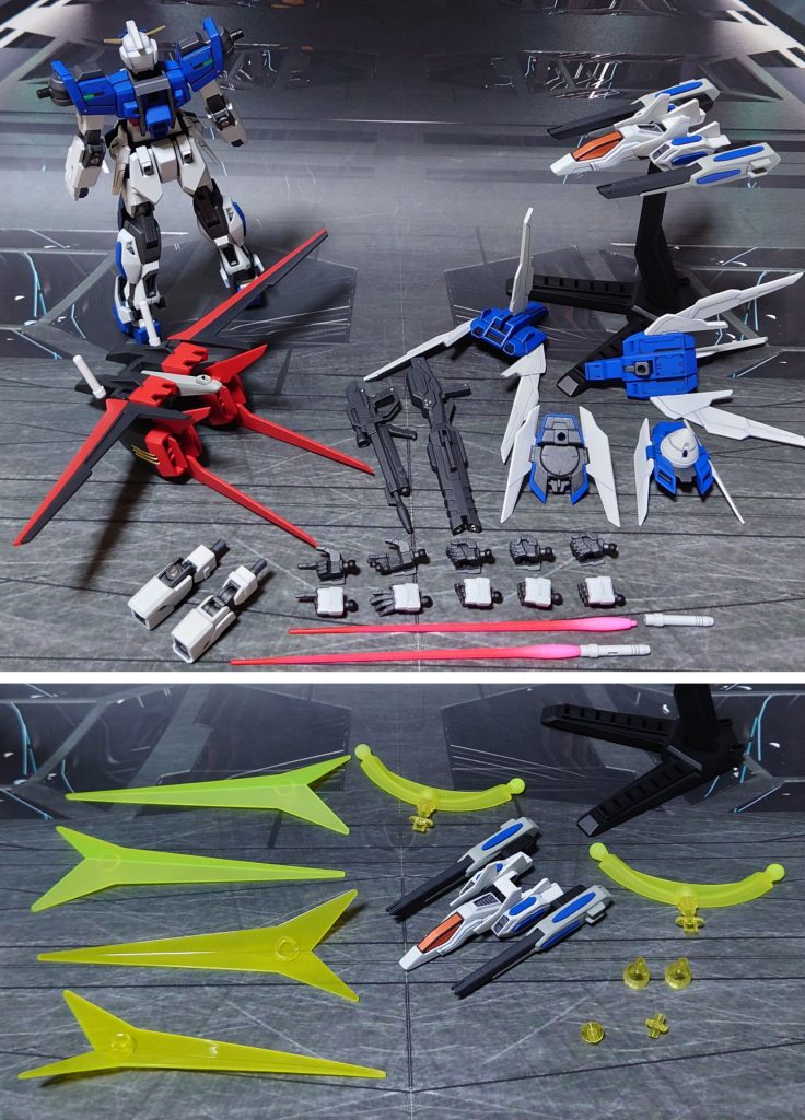 付属品一式。■塗装レシピ・本体、手持ち武器白∶黒サフ→グランプリホワイト→つや消し青：黒サフ→キャラクターブルー→つや消し赤：グレーサフ→MSレッド→つや消し金：黒サフ→ブラック→メタルゴールド→つや消し関節類グレー：黒サフ→ブライトガンメタル→つや消し武器類黒：黒サフ→MSグレー連邦系→つや消しセンサー類：キット付属シール、市販のプラパーツ・シール素材を併用墨入れ・部分塗装：ガンダムマーカー各種・トールストライカー黒：武器類黒と同じ赤：本体赤と同じグレー：黒サフ→ロイヤルライトグレー→つや消し主翼赤∶黒サフ→シルバーリーフ→MSレッド→つや消しコネクタ・ビームサーベルラック黒：黒サフビームサーベルグリップ：つや消し墨入れ・部分塗装：ガンダムマーカー各種・ユニバースブースター白：本体白と同じ青：本体青と同じグレー：黒サフ→ロイヤルライトグレー→つや消し黒：武器類黒と同じジョイント類黒∶黒サフプラフスキーパワーゲートエフェクト∶蛍光イエロービームサーベル刃：根元にベースホワイト→先端側にメタリックレッド→全体に蛍光ピンク墨入れ・部分塗装：ガンダムマーカー各種