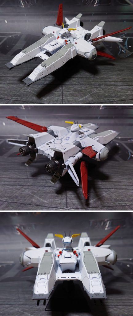 アルビオンの前、後ろ、真正面。■塗装工程白：黒サフ→ガンメタル→ベースホワイト→つや消し薄グレー：黒サフ→ガンメタル→ロイヤルライトグレー→つや消しグレー：黒サフ→ガンメタル→ニュートラルグレー→つや消し濃グレー∶黒サフ→MSグレー連邦系→つや消し金属色∶黒サフ→ガンメタル→つや消し赤：黒サフ→ガンメタル→ダルレッド→つや消し主推進機部分∶黒サフ→ガンメタル→メタリックグレイ→つや消しカタパルト∶メタルプライマー→MSグレー連邦系→つや消し展示用台座∶黒サフその他部分塗装・墨入れ∶ガンダムマーカー各種