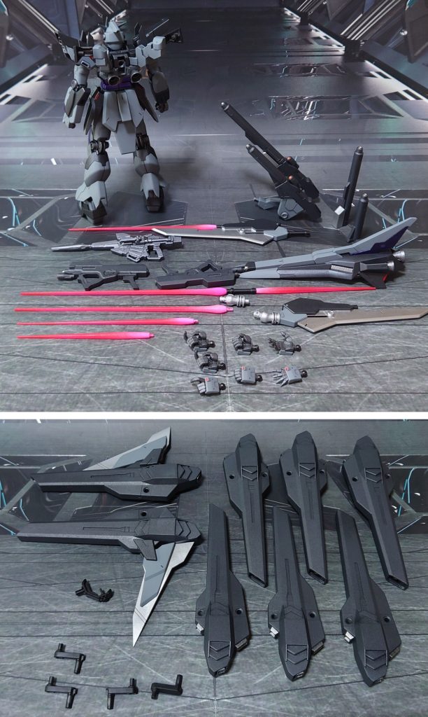 付属品一式。■塗装レシピグレー：黒サフ→呉海軍工廠グレイ→つや消し黒：黒サフ→メタリックブラック→つや消し紫：黒サフ→シャインシルバー→フロストパープル→光沢銀：黒サフ→ダークブルー→メタルシルバー→光沢スラスター類銀：黒サフ→シャインシルバー→つや消しスタビライザー/ブレード接続パーツ銀：黒サフ→シルバーリーフ→つや消し関節類グレー：黒サフ→ブライトガンメタル→つや消し武器類濃グレー：黒サフ→MSグレー連邦系→つや消しビームマグナム：黒サフ→ガンメタル→つや消しビームサーベルグリップ、武器類ジョイント：黒サフポリキャップ：PPプライマー→ブライトガンメタル→つや消しビーム刃エフェクト：根本側にMSホワイト→先端側にメタリックレッド→全体に蛍光ピンクセンサー類：市販のシール素材を使用その他部分塗装、墨入れ：ガンダムマーカー各種
