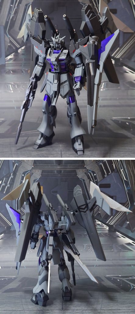 別パターンの装備で前後ろ。不足している左銃持ち手、左右平手をHGUCユニコーンガンダム系から、握り手をビルドハンズ(角)Mサイズから、手甲をHGUCHi-νガンダムからそれぞれ流用して追加しました。選択式組み立てについては、頭部アンテナ、フェイス共にヴレイブを選択。右腕ガントレットは使用せず、余剰パーツで腕部マシンガンを選択。元キットからは、マシンガン2丁、背部ロングライフル/ショートライフル2丁、ブレード2本、ビームサーベル2本に他から持ってきたサーベルエフェクト一式。オマケで、ビームマグナムと専用右銃持ち手も追加。フィンファンネルは使用せず、HGBCアメイジングウェポンバインダーを足して合計6基装備、武装コンテナではなくドラグーン(SEED版ファンネル)ということにしました。ドラグーンが使えないバトル(フィールドが重力がある場所や狭い場所の時)には、インフラックスウェポンバインダーを使うか、またはそこの装備を外します。