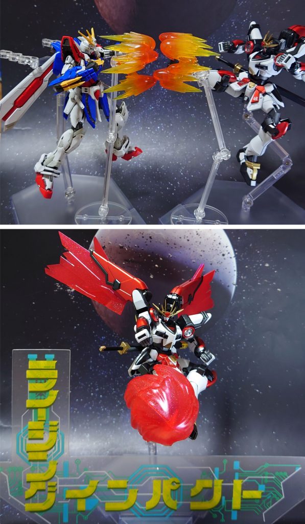 ゴッドガンダムとのガンプラバトル。拳対蹴足の互角の撃ち合い、必殺技で勝負!“雷刃翔(ライジングインパクト)!”