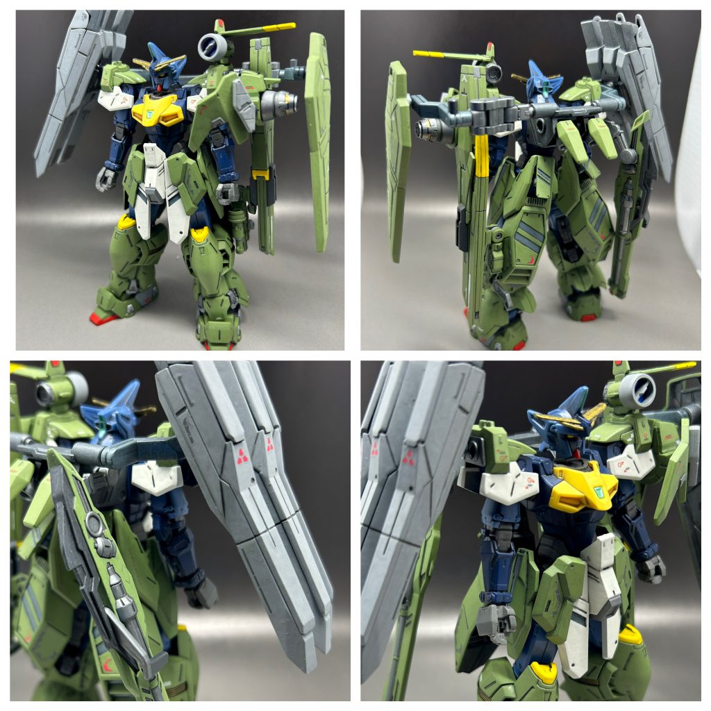 陸戦重装ユニットをメインにランチャーストライカーを意識して塗装。そのまま「ランチャーユニット」と命名。尚、本体のジェミナス02は部分塗装をした素組に近い状態。装備の脱着テストに使用していました。青メインの成形色だったものをオリーブグリーンで。レッド、イエロー、ガンメタルで配色。ミサイルコンテナはミディアムグレーを使用。