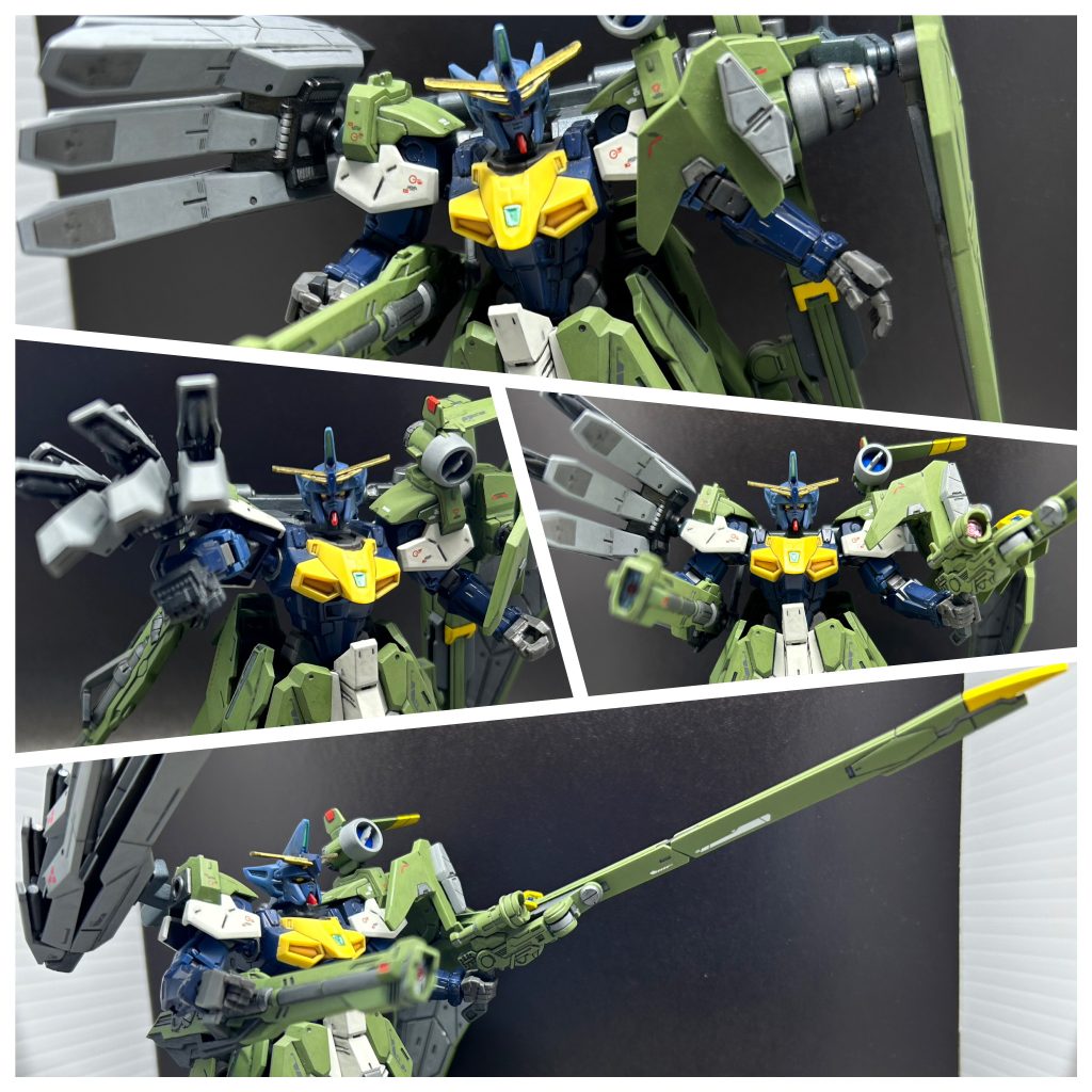 ソードと同じく、左肩にダブルオースカイのロングライフルを持てるように調整。GNドライヴがあった箇所には、モデリングパーツからジェネレーターに見えそうなのを選択して取り付け。持ち手は収納時、可動式に。市販のライフルパーツやジョイントを合わせて取り付け。