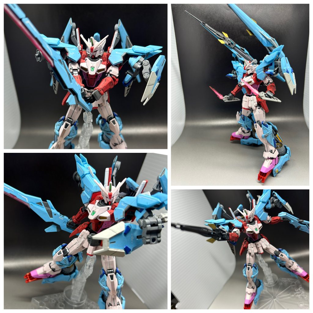 対艦刀はダブルオースカイから。ビームブーメランはデスティニー。取り回しがいい盾としてコアガンダムのものを。左腕に取り付け可能。両肩はフリーダムフェーダーを用いて、武器の懸架の役割を。イメージはトールギス。