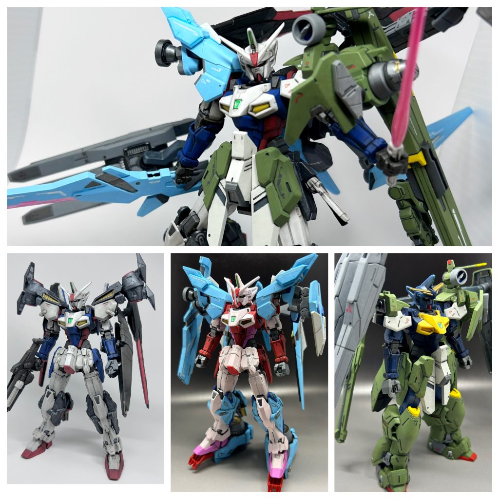 こうして並べてある写真を見ると、ストライクというよりインパルスに見えるような‥‥昔、ジェミナスが漫画に登場し、状況に合わせて換装すると見て、ストライクのような換装を期待していましたが、想像とは違っていたことに衝撃を受けていた記憶があります。時間こそ掛かりましたが、３タイプと全乗せまでやりきり、面白く出来たと思います。ここまでご覧頂き、ありがとうございます。