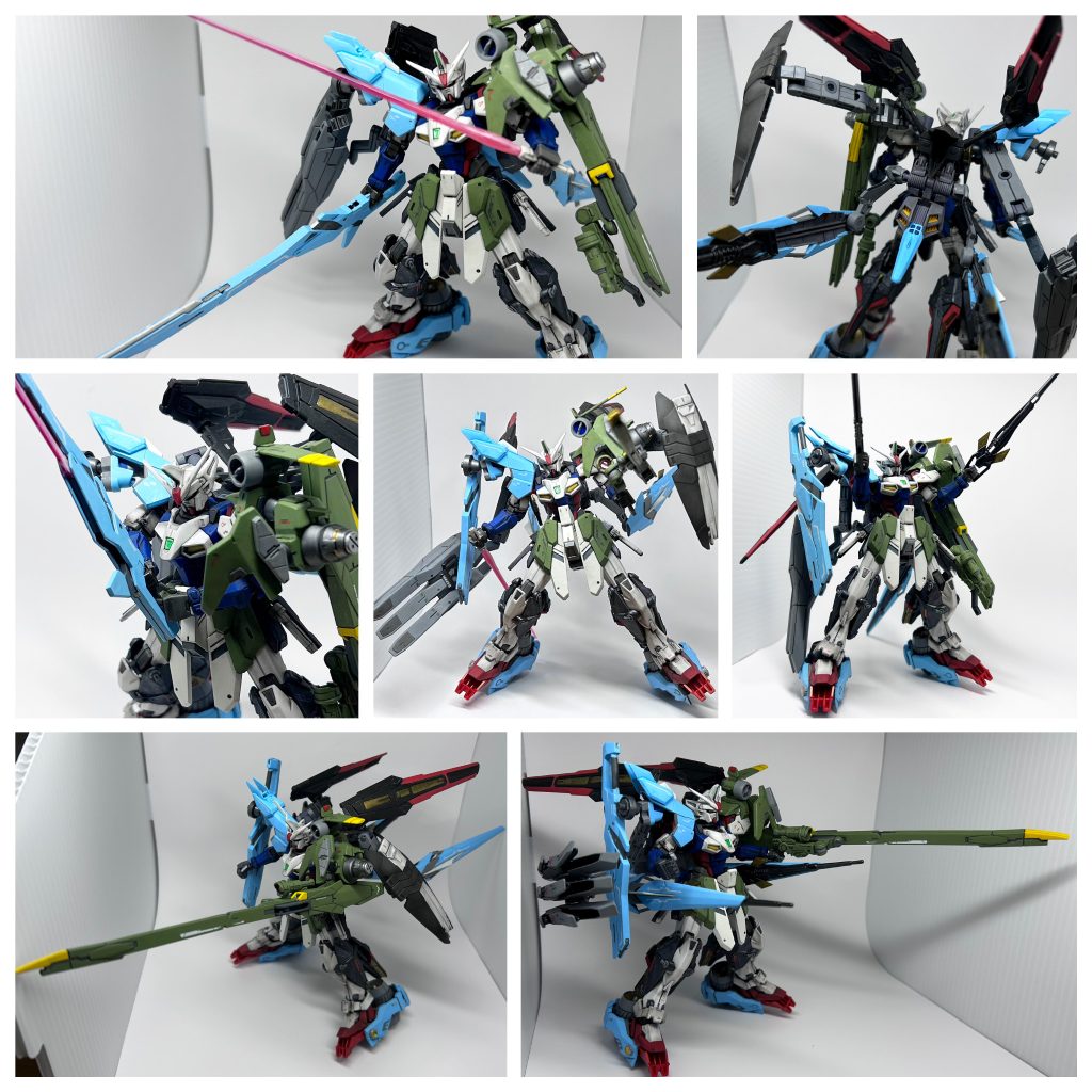 バックパックはアスクレプオスの余剰パーツを用いてジョイントを追加し専用のものを用意。ミサイルコンテナやシールドを装備出来るようにしました。（ただし、重すぎて後ろに倒れてしまう）両腰のサーベルラックは、ストライクのものに、同じく余剰品のものを接着しました。