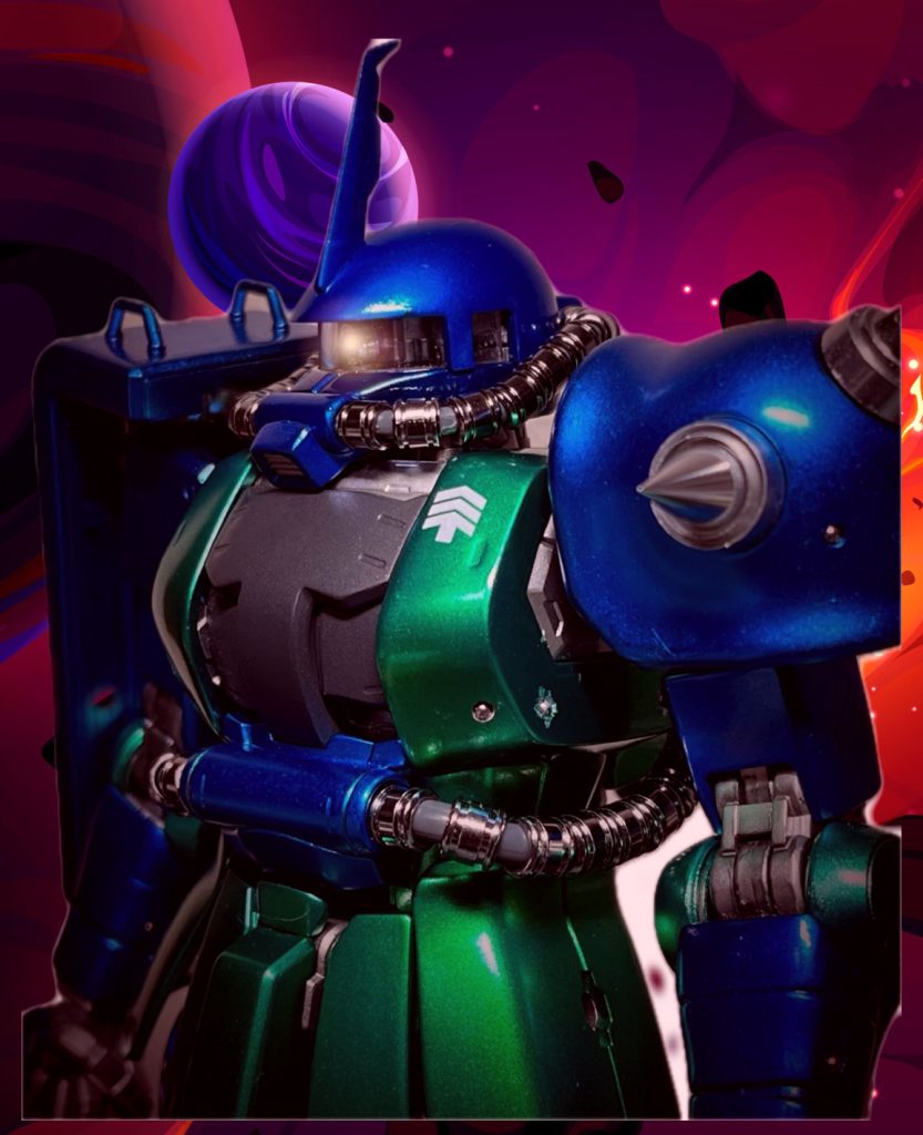 モノアイ、スパイクアーマー、動力パイプ等はメタルパーツ。各部の凹部分は開口しメタルボールを埋め込みました。