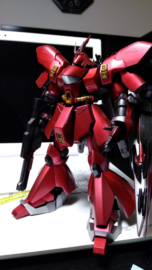 艶消しクリアー塗装前です。これはこれでキレイでしたが、前回の百式と違いデカールも多く大きいので保護も含めて艶消し仕上げとしました。最後までご覧頂きありがとうございました。