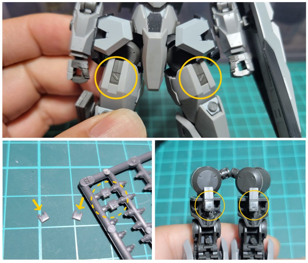 気に入らんトコ改修２太もも上部の「＼」「／」←このモールド角モールド加工貼り付けして、シェルユニット風にしました。