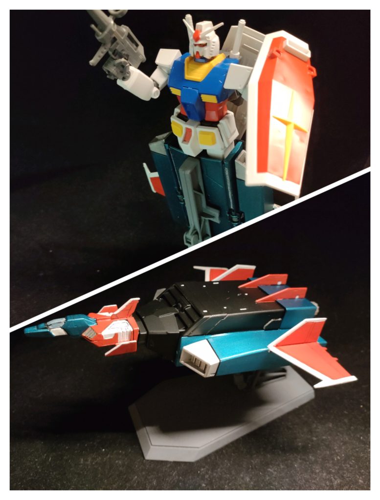 ガンダムスカイとGスカイイージー。専用の台座も付属しています。角度がつけられるので、写真映えしやすいですね。