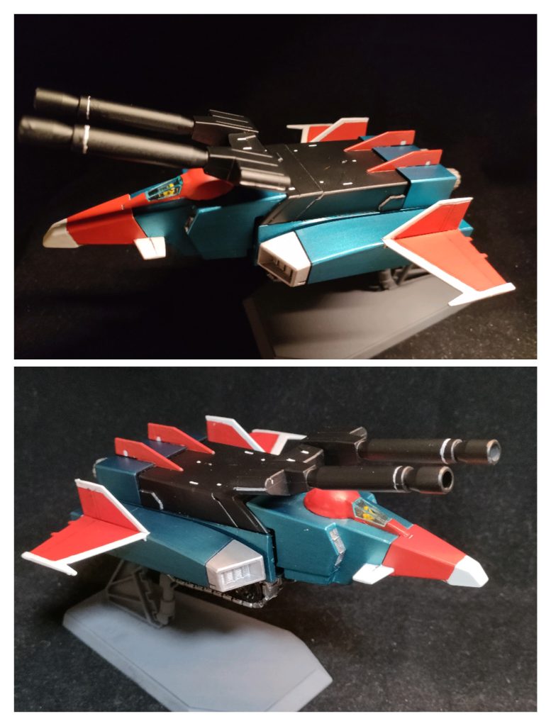 この機体の塗装を始めるまでにかなり日数を要しました。というのも塗装のイメージがなかなかまとまらなかったからです。アニメ設定そのままだとなんか単調だし、昭和変形メカらしくビビッドな色合いを出したいと思い、結果このような色合いに落ち着きました。
