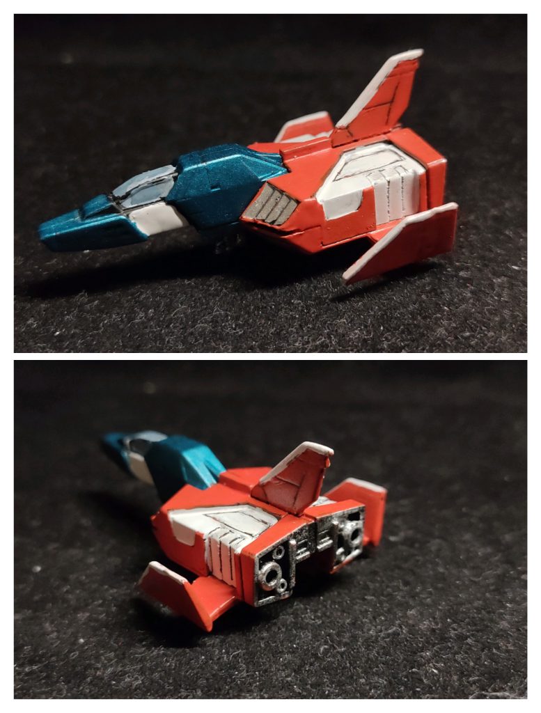 付属のコアファイターです。造形的にも好きな機体で付属で付いてるのは嬉しいです。小さいのでモールドも細く、塗装でモールドが埋まりスミ入れできませんでした。今回、下地に黒サフを吹いていたのですが、モールドを復活させるために溝を埋めた塗装をケガキ棒で軽く削ったら下地の黒がでてきたのでそのままスミ入れしなくても細いラインができました。