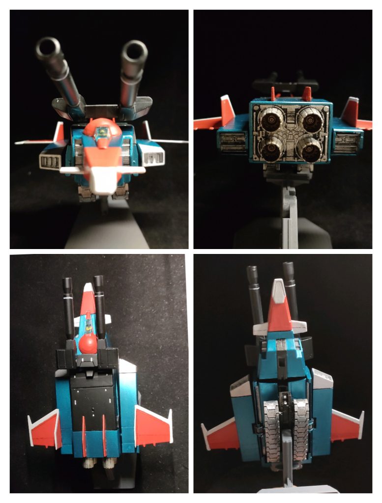 ボディはメタリック系ですが、つや消しトップコートで仕上げたらやや落ち着きのある光沢になりました。ディテールの凝った塗装ではないですが羽の前部のラインが色を引き締めているように感じます。