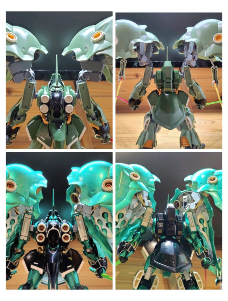 最後の画像は塗装前、塗装後の比較コラージュ。ガンダムマーカー直塗りの場合、何をどうしてもムラが出ます。しかし、やり直すと酷いことになりますので、たっぷりの液を出して、一発勝負で塗り切るのがコツ。そして、ムラがあっても「気にしない!」というメンタルが最も大事ですw今回もなかなか満足できる仕上がりとなりました。 さて、どこに飾ろう(デカ過ぎ)・・・