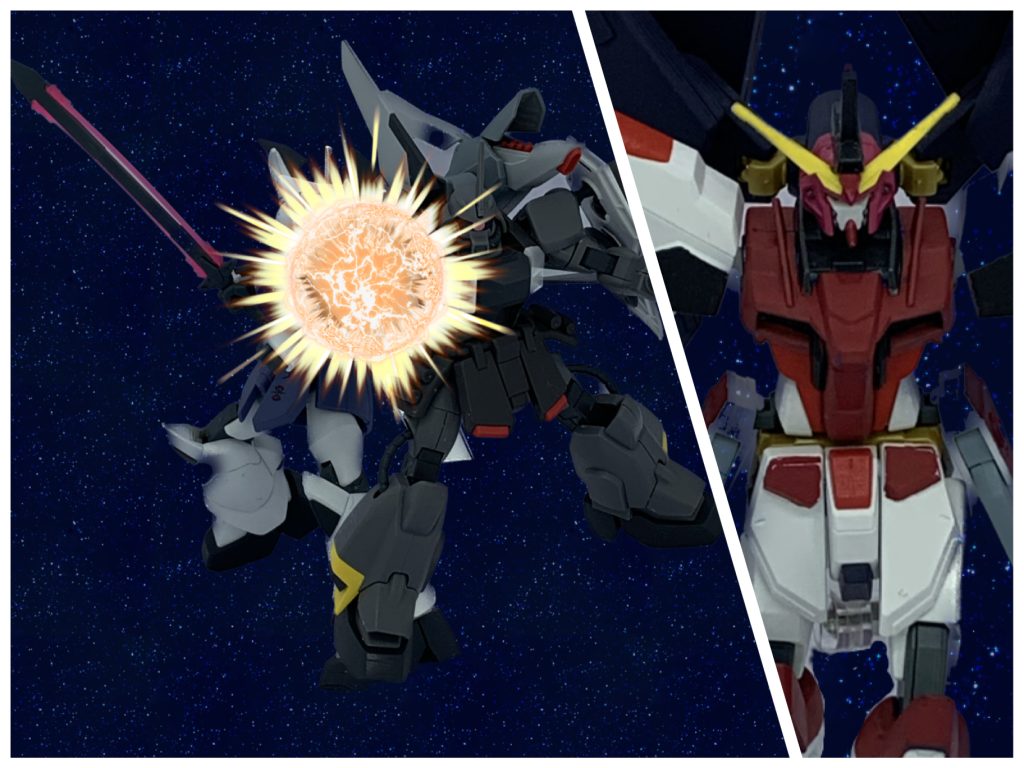 デ「チッ、イザーク危ねえ!」シ「隊長!」イ「なめるなあぁぁぁ!」デ「イザーク!」咄嗟に庇いに入ったディアッカのザクファントムは右側の腕とブレイズウィザードを落とされる。