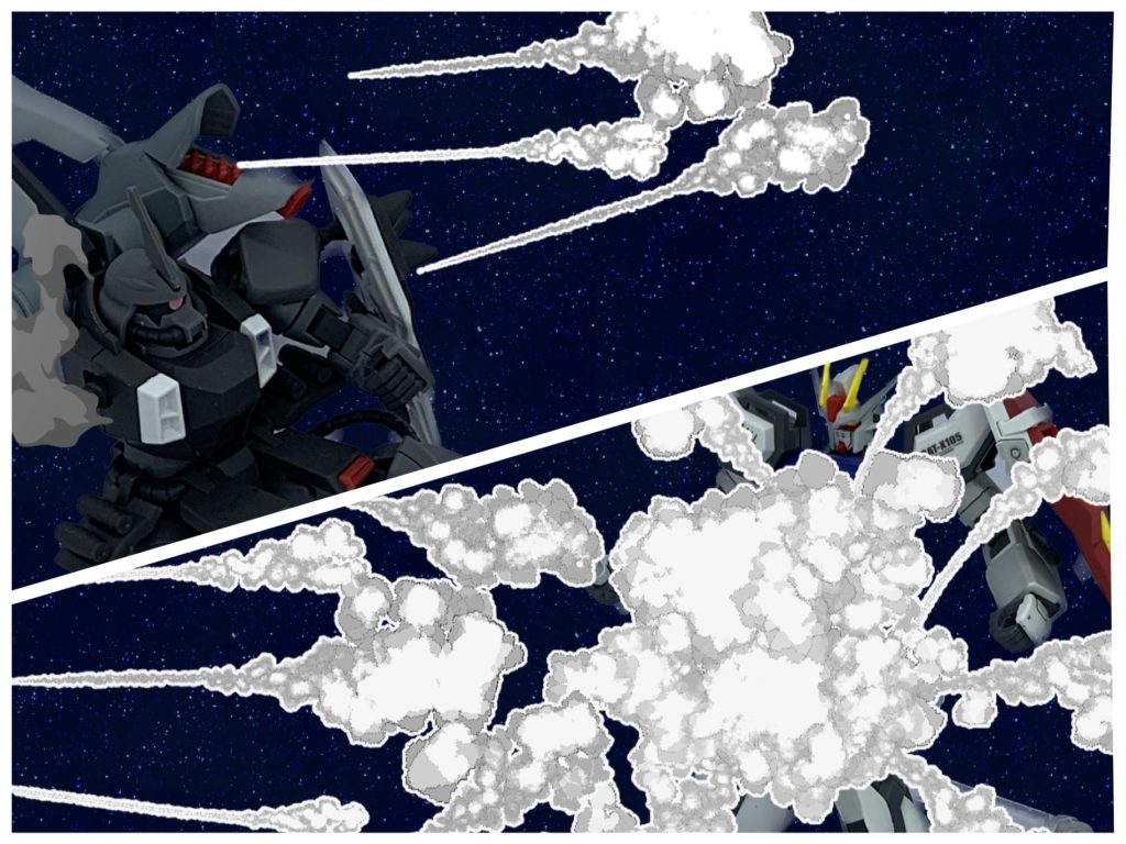 デ「やらせるかよォ!」ミサイルを放ちストライクに命中させるディアッカ。ストライク撤退。