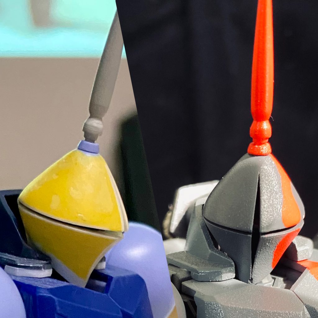 頭部:個人的に設定画のような横に張った頭部が好みなので、ポリパテで形状を変更させています。アンテナ:基部のみキットを使用。真鍮線を軸にして、ランナーを削りアンテナに。リューターにランナーを取り付け、旋盤代わりに使い削り出しました。