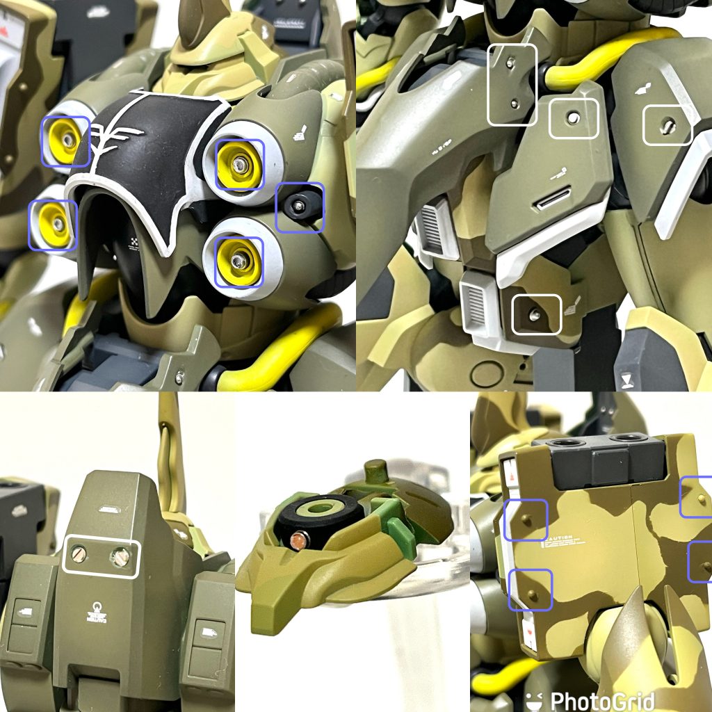 改修ポイント　その１WAVE製のOボルトなどのモールドパーツを利用したディテールアップが多いです。モノアイはSPプレート + Hアイズ + ラピーテープのお約束加工です。