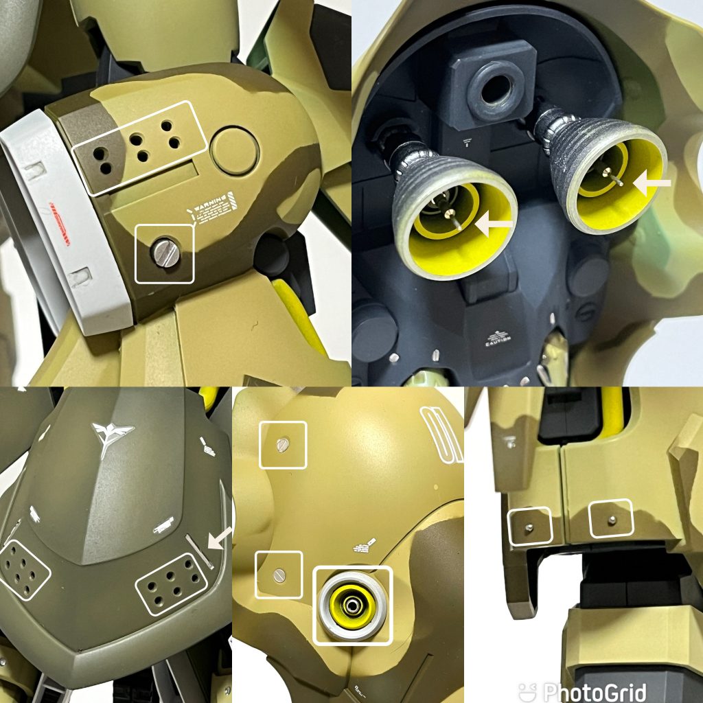 改修ポイント　その２ブチ穴加工や、バーニア内のICソケット加工、メタルビーズでのディテールアップなどをほどこしています。