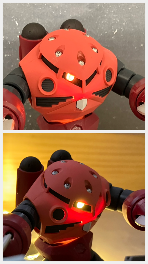 少しわかりにくいかもしれませんが、↑がモノアイ塗装(赤)で↓が塗装前(黄)になってます。 この投稿は②ということで1回目に載せれなかった裏事情を。