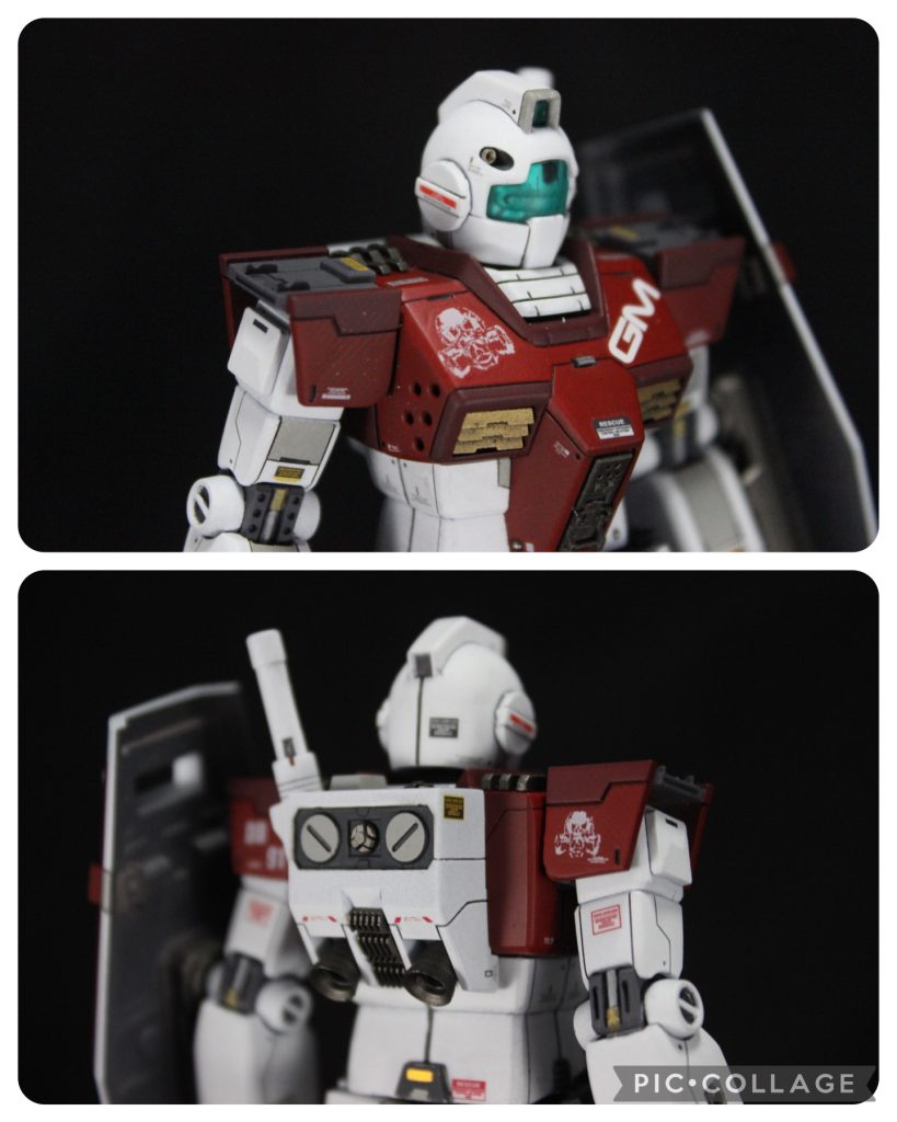 上半身です。胸のダクト、耳、肩アーマー、肘関節を3Dモデリングでパーツを置き換え、コクピットハッチの本来黒っぽいところ、胴体上部のヒンジ、バックパックのしいたけ、バックパックの穴埋めなど3Dパーツでディテールを追加しています。ジムは比較的構造の簡単なキットなので3Dモデリングでの置き換えが沢山できると思い挑戦しました。細かいディテールが正確に入れられること、左右対称が確定していること、バンダイエッジがないことが大きなメリットかと感じました。胸のダクトのピンピンさ、お気に入りです。頭部バルカン砲はICソケットピンに置き換え、バーニアは元のままですがうすうす攻撃をしました。スジ彫りのイメージとしては整備、点検のために開閉をしたり、取り外す部分をイメージしながら入れています。またそれと同時に沢山の先輩たちの作例を見てかっこいいと思ったものは積極的に真似して勉強しました。