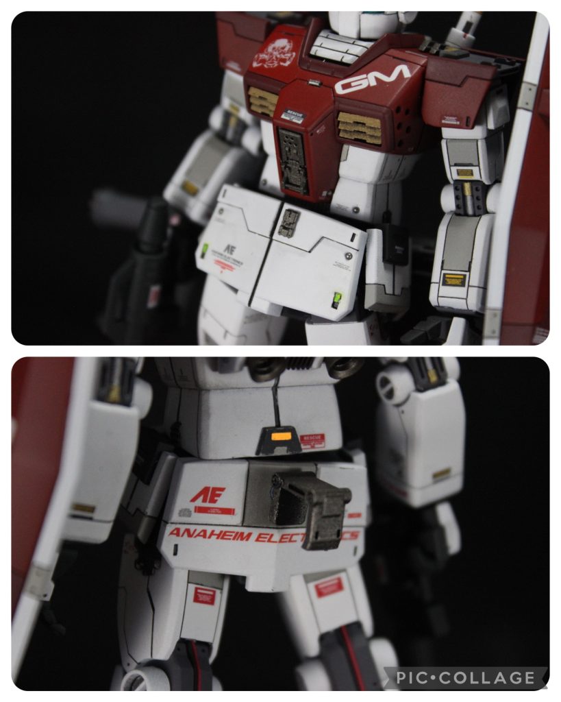 腰回りです。改めて見てみたら腰回りは全て3Dモデリングでした。腰正面のアーマーの中央にパネルラインを入れたかったんですが、形状的にど真ん中に引くのが難しそうだったので、それなら作っちゃおう!から始まり、同じ形状だから接続部分ちょっと変えれば…で腰うしろのアーマーも、腰サイドのアーマーは3ミリ穴だし楽勝だなぁって感じでささっと作れました。腰のバズーカラックはかれこれ3作目くらいの登場ですかね、すっかり定番化してきました。