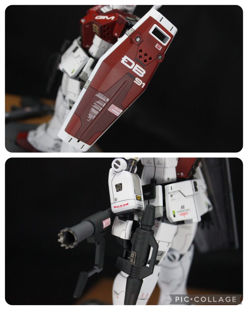 武装です。基本的には全部ジムでやりたかったんですが、ここだけ別キットからもらってきています。スプレーガン(ガードカスタム)シールド(RGガンダム)バズーカ(覚えてないけど連邦系のジャンクパーツから)ハンドパーツ(ジムスナイパー2)武装はともかく本体に関わる部分は全部ジムのつもりでしたがスナ2の手首の角度、今回の完成時のスタイルにどハマりしすぎている気しかしなくて採用しちゃいました。シールドは連邦特有の十字の奴が好きではないのでカトキ版のようなシールドをイメージして小改造しました。バズーカは横に長くて邪魔だったので、砲身を短くしてショートバズーカな感じにしています。