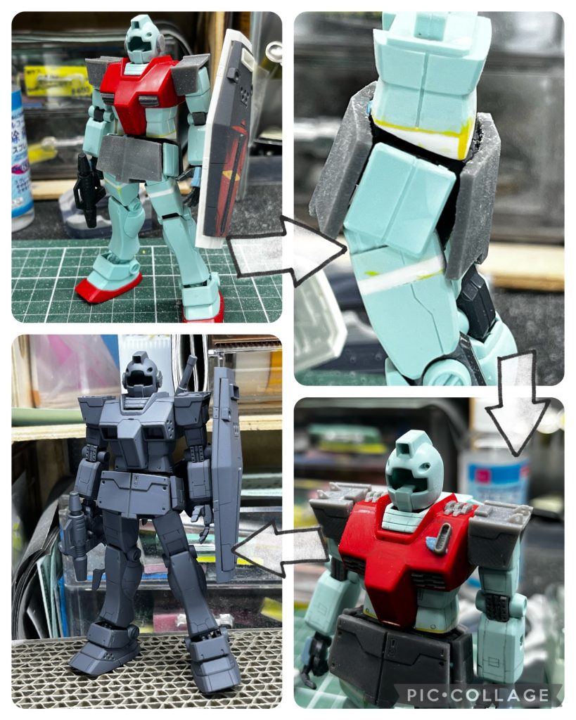 制作過程です。最近はまず完成時のポージングが決まるようイメージしながらスタイルをいじるところから始め、今回は腰部分を大改造しました。接続をボールジョイントに変えて、胴の部分を3ミリ延長した後で斜めに削り、腰の入った立ち姿になるようにしています。(ken16wさんのF2ザクの作り方の考えを流用しました。)スタイル改修が終わったら置き換えられそうなパーツをノギスで測って3Dモデリング、その後はまず大好きなブチ穴用に場所を確保してから気が済むまで表面処理したりスジ彫りしたりディテールアップを繰り返して、サフ。