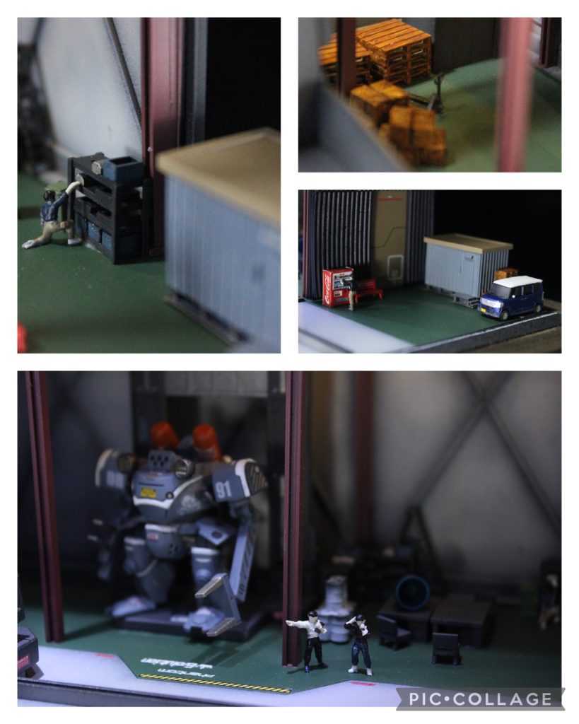 1階部分です。こちらはMSの整備なんかを行う作業場になっていて、作業机や作業用のドラケンE、資材や工具などがあります。またそのまま繋がる外には自動販売機やプレハブ小屋、駐車場に愛車のNboxもあります。個人のガレージハウスにしては人が多いと思いますが、そこは雰囲気重視で、沢山人を置いた方が見栄えがいいなぁと思いましたので、違和感持たれた方は「あっ、DBさんは友達が多いんだなぁ」って形で納得していただければと思います笑
