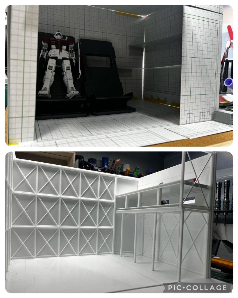密かに人気のDBのジオラマの作り方シリーズです笑工作用紙で全体像をラフに作成、ハンガーはガンべで売っている3つ入ってるやつを2つ分使い、あとはプラ板で根性の箱組みになります。今回は床、壁などは強度を出すためや、スケール感を考え、1ミリプラ板を3枚重ねています。沢山使うので当然セリアのプラ板にお世話になります。タミヤのL字やHプラ棒、丸棒なんかを駆使して鉄骨やトラスを作成、運搬をすることから堅牢にしたいと考え、この辺は全て接着をしましたが、これが後に大後悔することになるとは…