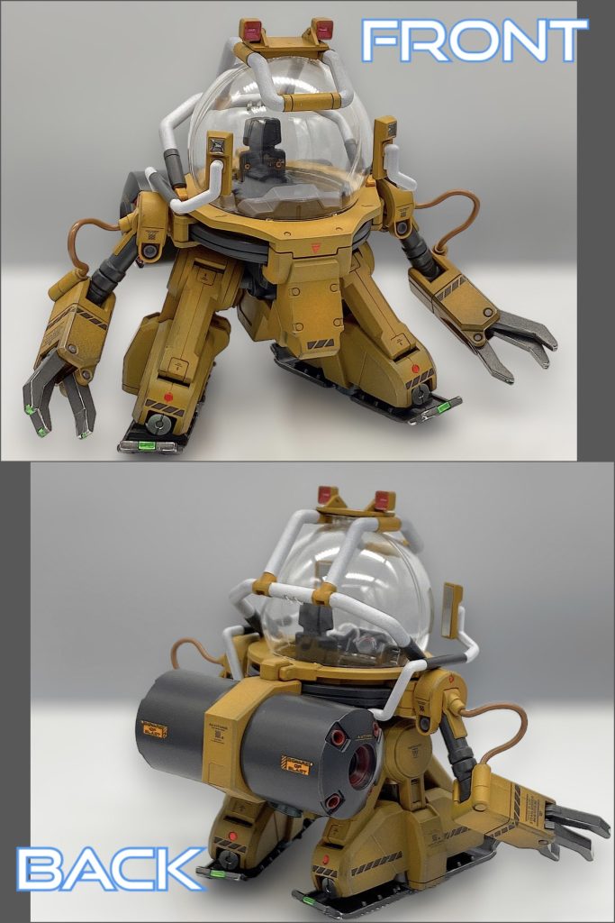HGと言っても1/144じゃありません。フリーサイズとなっていますが、コクピットのサイズは1/35フィギュアにはちょっと苦しいぐらいです。イエローの整形色が重機の雰囲気なので、黒ラインのデカールでそれっぽくしてみました。可愛さとカッコ良さが同居するデザインがお気に入り😃