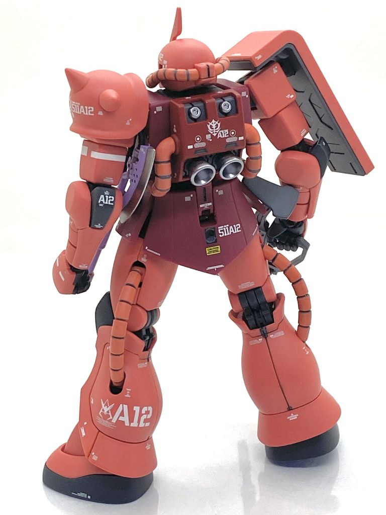 塗装箇所とカラーレシピ武器、腕シールド裏等グレー→(クレオス)新ガンダムカラーMSグレージオン系各部バーニア外部→(ガイア)フレームメタリック(2)ヒートホーク本体→(クレオス)新ガンダムカラーMSパープルヒートホーク刃部→(ガイア)ブレードシルバー