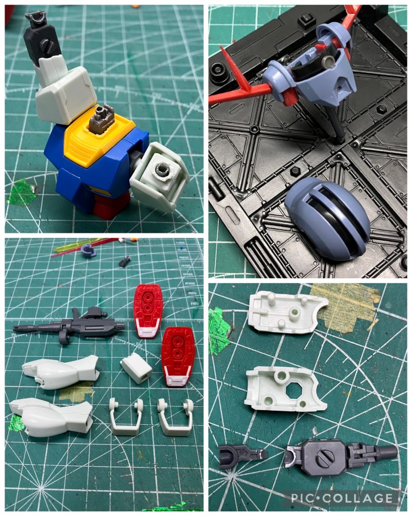 ・製作途中ガンダムの前腕やアンクルガードのディテールやつま先の肉抜きは埋めました。合わせ目は消しました。