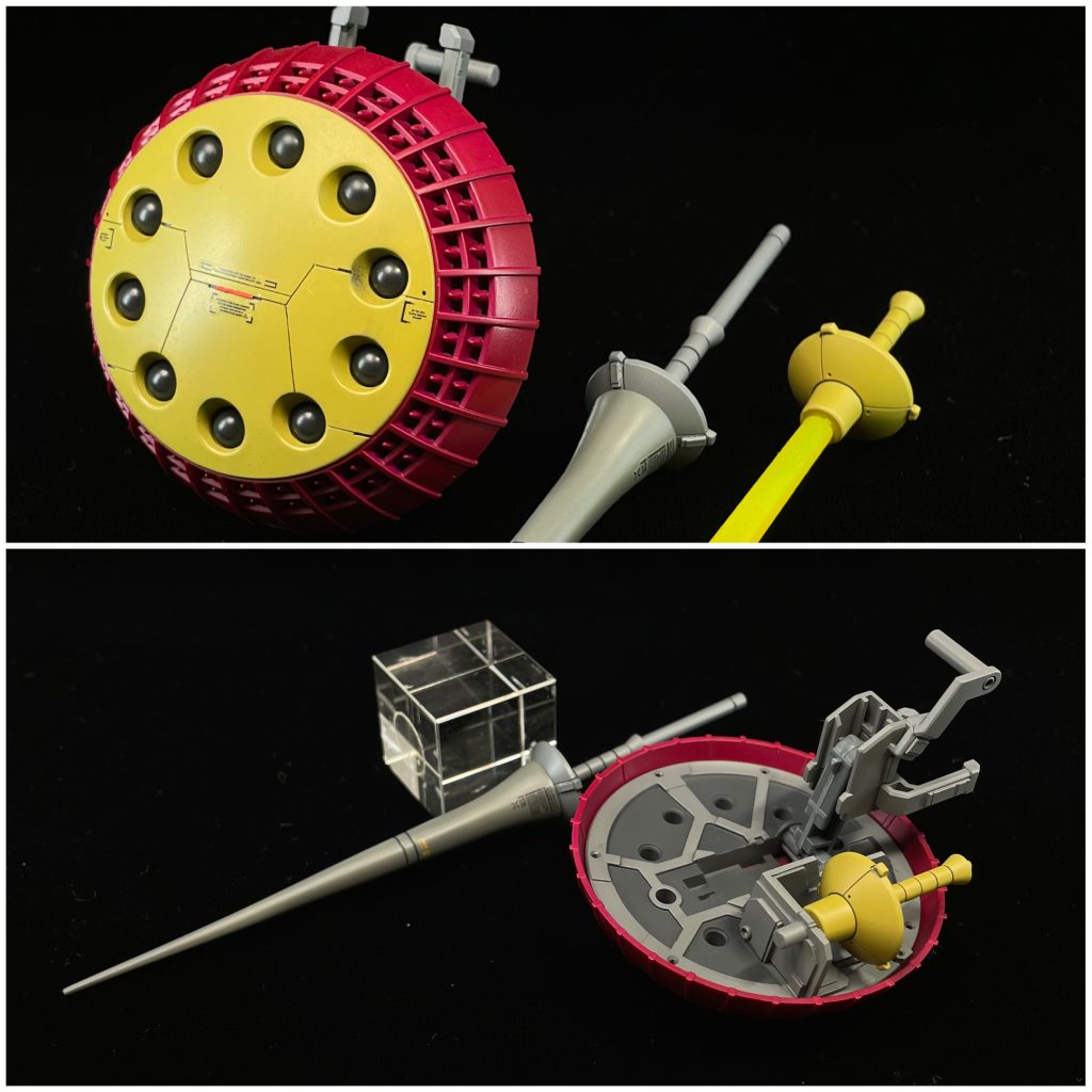 ◎他・シールド保持はネオジムでサポート。・サーベルグリップを MGを参考に シールド裏にマウントできるよう 加工。▷ネオジムを埋め込み、保持サポート。・オリジナルで、ジャンクパーツを合わせて、ランスを制作してみました。