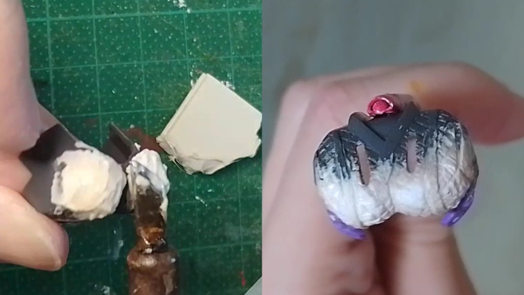 プラスチック板を半田ごてで溶かして、刃を長くし胸を大きくします。 新しい胸のデザインは、元のデザイン画像から参照されています。 大型化するだけでなく、バイオレットカラーの胸部アーマー下部を胸部内側アーマーに移動。