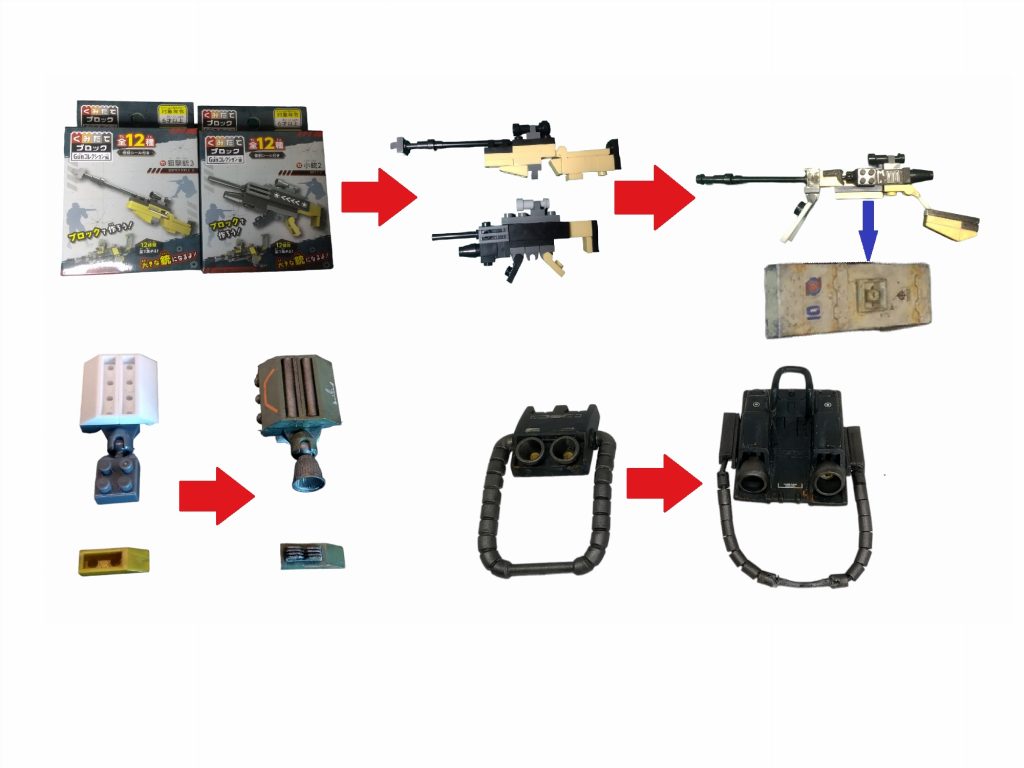 DSO BLKプランとは、ダ〇ソーのブ〇ックを使用し超低予算で機体の強化を行えるという触れ込み(妄想)であったが実際は困難を極めた。入手した武器はユニバーサル規格でなかったため、持ち手の規格が合わず修正を余儀なくされた。なんとかニコイチでスナイパーライフルを開発。マウント用にシールドにBLKを埋め込んだ。また、高機動バーニアと太ももの穴埋めに使ったBLKの穴がカッコ悪いので、パイプと放熱フィンっぽいのを埋め込んだ。ランドセルも寂しかったので、ジャンクのコアファイター(GP01のおまけ)に、動力パイプはDSOのIRB(アイロンビーズ)を使用。”後は、塗装して汚せばそれっぽく見えるだろ”(開発主任ike談)