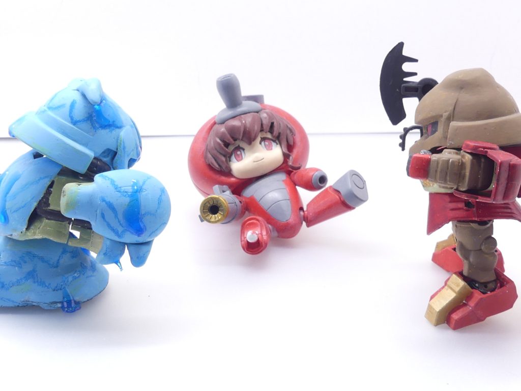 モンスーツ・ゴブリン:モンスーツの中でも小型の個体。SDガンダムのNPDの姿を取る。いわゆる戦闘個体の一つで、手にした斧で襲いかかる。さかな達勇者パーティーには脅威にはならない程度の強さ。しかし、一瞬にして大量を生産可能。モンスーツ達に襲われるサラハチの図?【次回予告】完結編第2改。リデコにして最後の完成はモンスーツ・ドラゴン。【あと4枚分残っていますが・・・以下後日「第5改」更新時に追加記載】