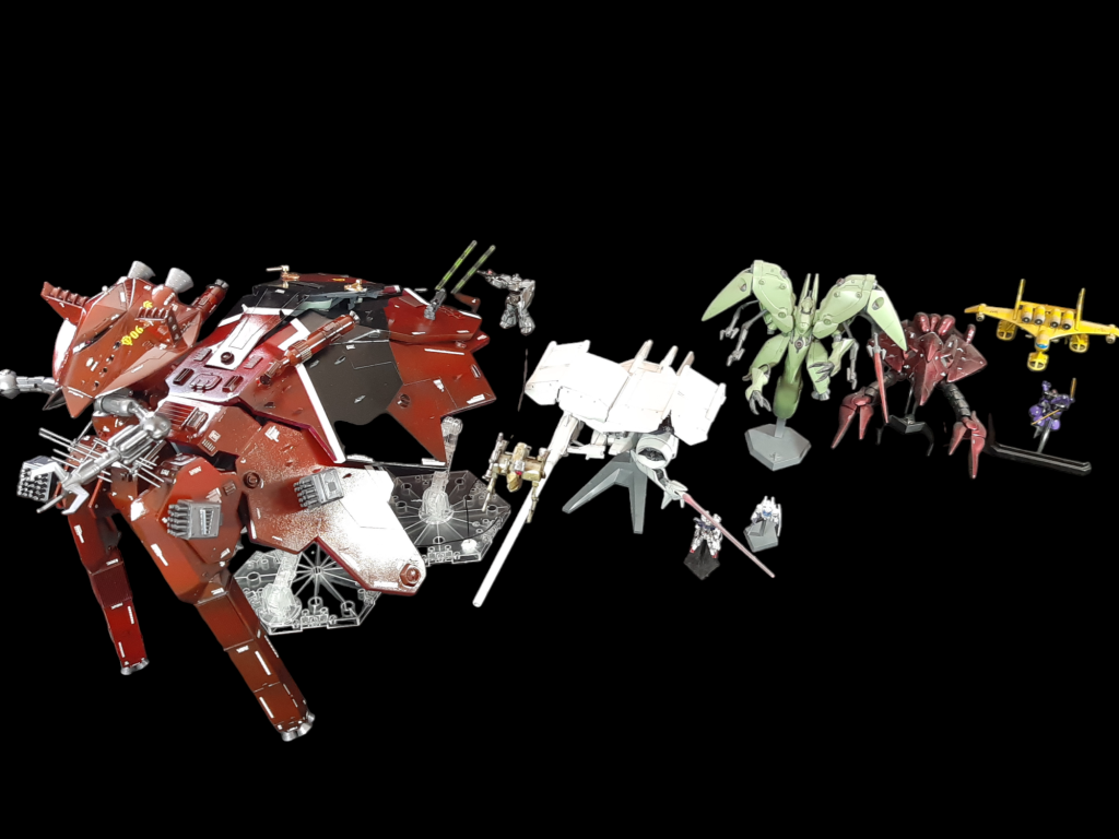 同スケールのGP03デンドロビウム、GP01ゼフィランサス、ノイエジール、ヴァルヴァロ、ミデア、ドムと一緒に。ビグ・ラングのでかさがわかります。実物大にすると、福岡ドームと同じくらいの大きさがあります。福岡ドームをマイ中尉がひとりで操縦していると思うととんでもないですね。