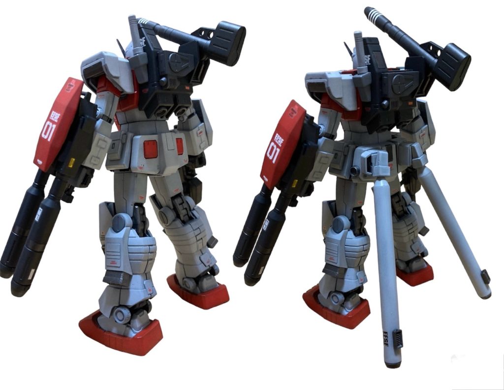 高機動化にあたり腰部にはプロペラントタンクを追加。腰アーマー部のパーツは三体目のものはそのまま作成(写真左)し、一体目をバラした際に余剰となったものを改造して取付ました(写真右)。取り替えは可能です。プロペラントタンク取付部はガンダムのビーサーベルラックと余剰の袖パーツを流用しています。